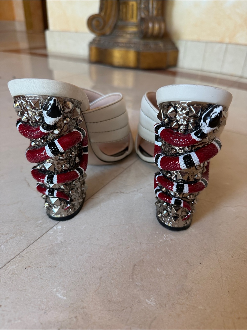 Gucci Cream Slip-On Heels with Red & Black Embellished Snake-Detail Heel - Picture 3 of 10